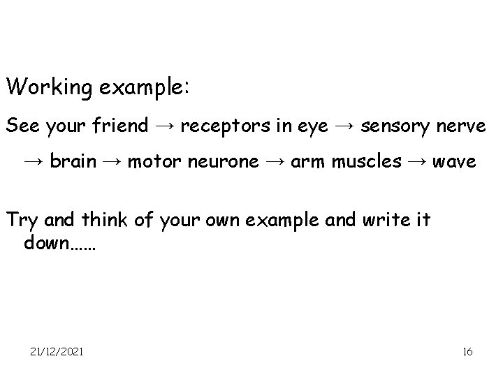 Working example: See your friend → receptors in eye → sensory nerve → brain
