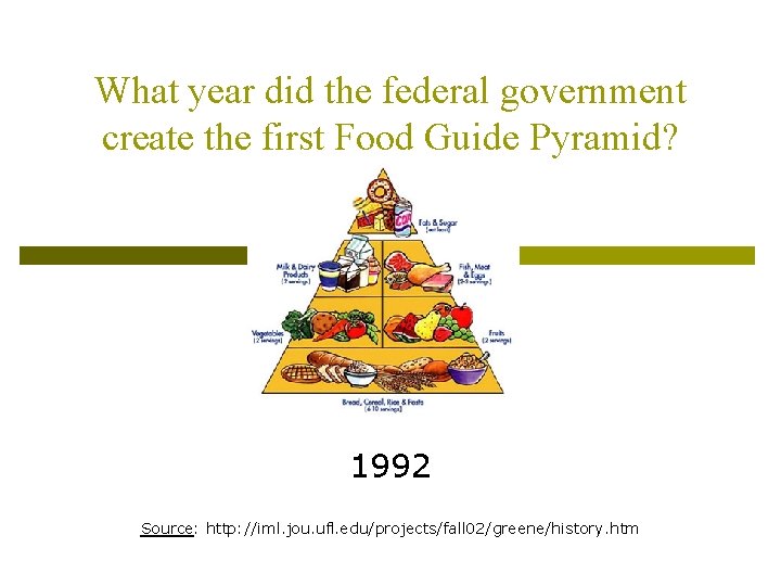 What year did the federal government create the first Food Guide Pyramid? 1992 Source: