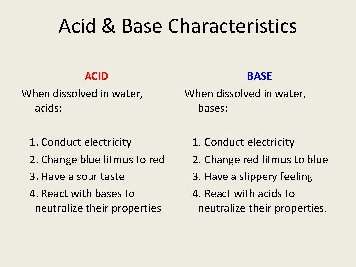 Acid & Base Characteristics ACID When dissolved in water, acids: 1. Conduct electricity 2.