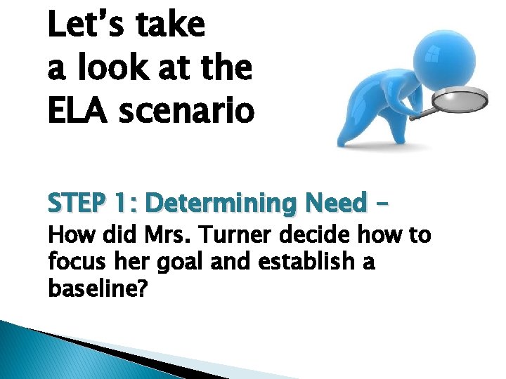 Let’s take a look at the ELA scenario STEP 1: Determining Need – How