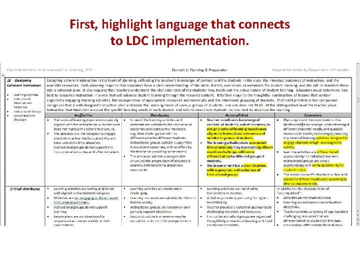First, highlight language that connects to LDC implementation. 
