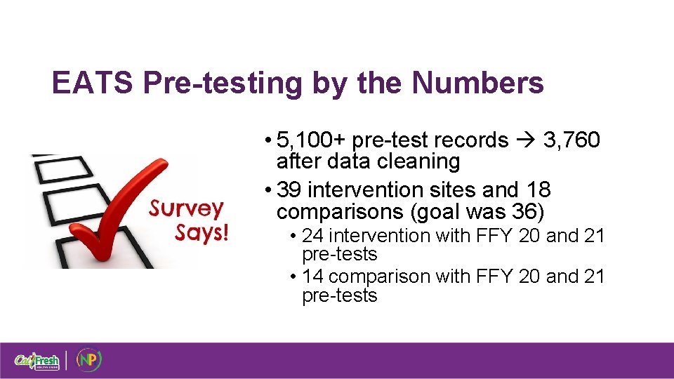 EATS Pre-testing by the Numbers • 5, 100+ pre-test records 3, 760 after data