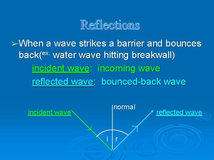 Reflections ➢ When a wave strikes a barrier and bounces back(ex. water wave hitting