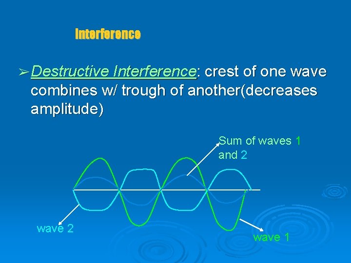 Interference ➢ Destructive Interference: crest of one wave combines w/ trough of another(decreases amplitude)