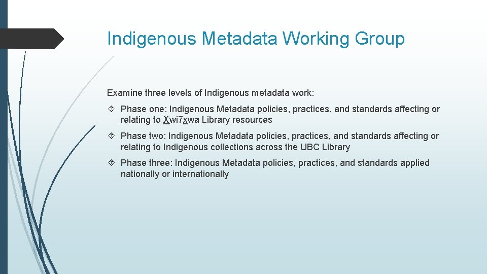 Indigenous Metadata Working Group Examine three levels of Indigenous metadata work: Phase one: Indigenous