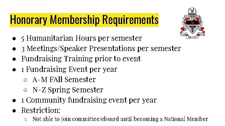 Honorary Membership Requirements 5 Humanitarian Hours per semester 3 Meetings/Speaker Presentations per semester Fundraising