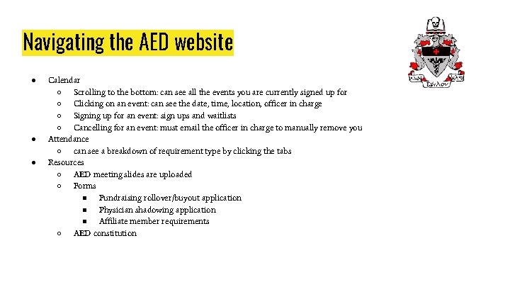 Navigating the AED website ● ● ● Calendar ○ Scrolling to the bottom: can