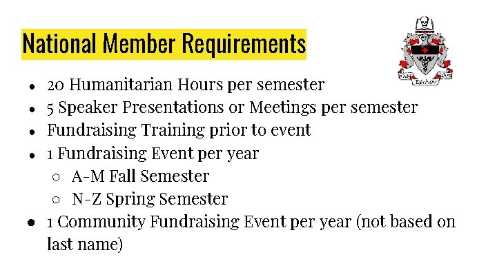 National Member Requirements 20 Humanitarian Hours per semester ● 5 Speaker Presentations or Meetings