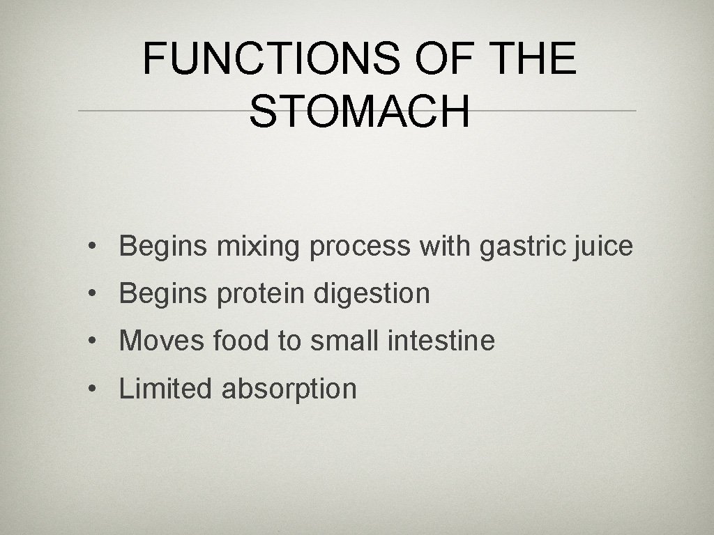 FUNCTIONS OF THE STOMACH • Begins mixing process with gastric juice • Begins protein
