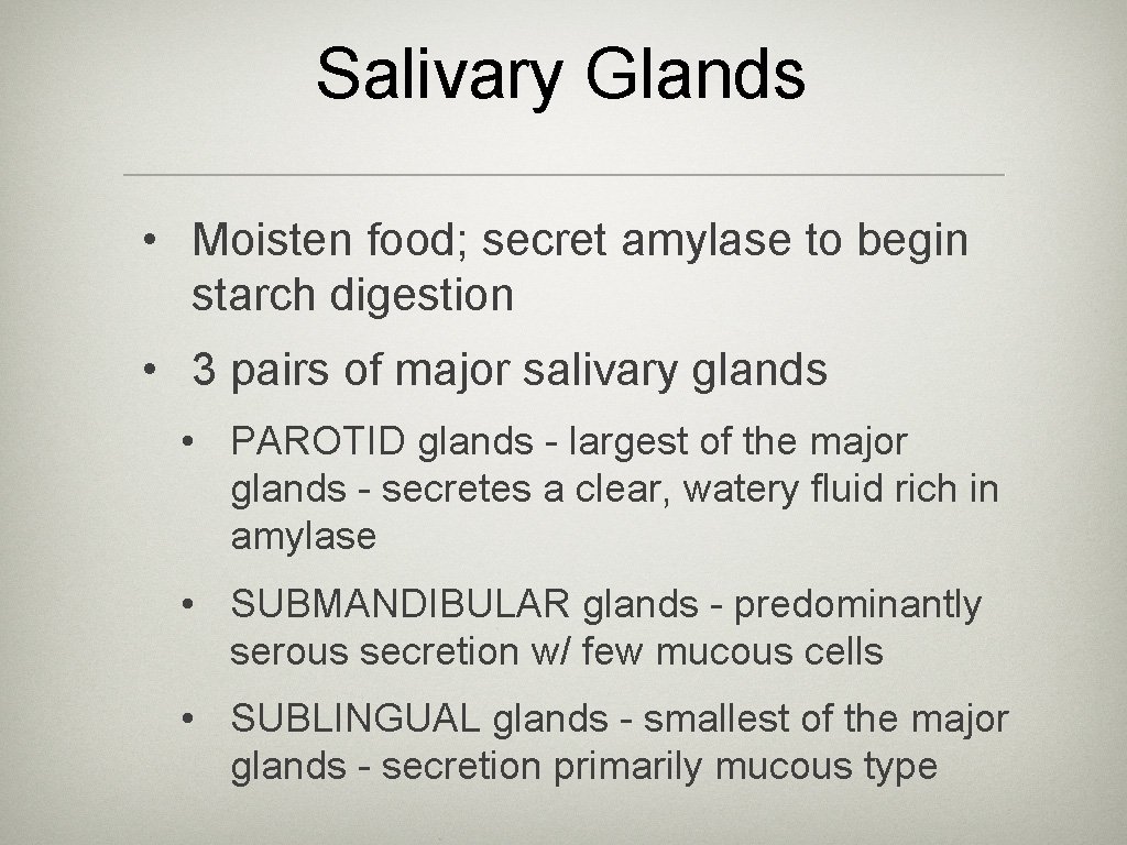 Salivary Glands • Moisten food; secret amylase to begin starch digestion • 3 pairs