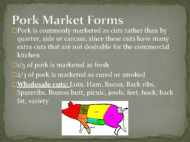 Pork Market Forms �Pork is commonly marketed as cuts rather than by quarter, side