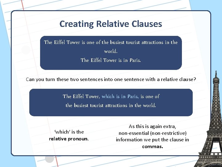 Creating Relative Clauses The Eiffel Tower is one of the busiest tourist attractions in