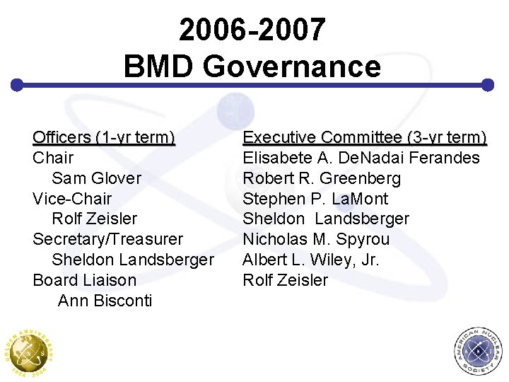 2006 -2007 BMD Governance Officers (1 -yr term) Chair Sam Glover Vice-Chair Rolf Zeisler