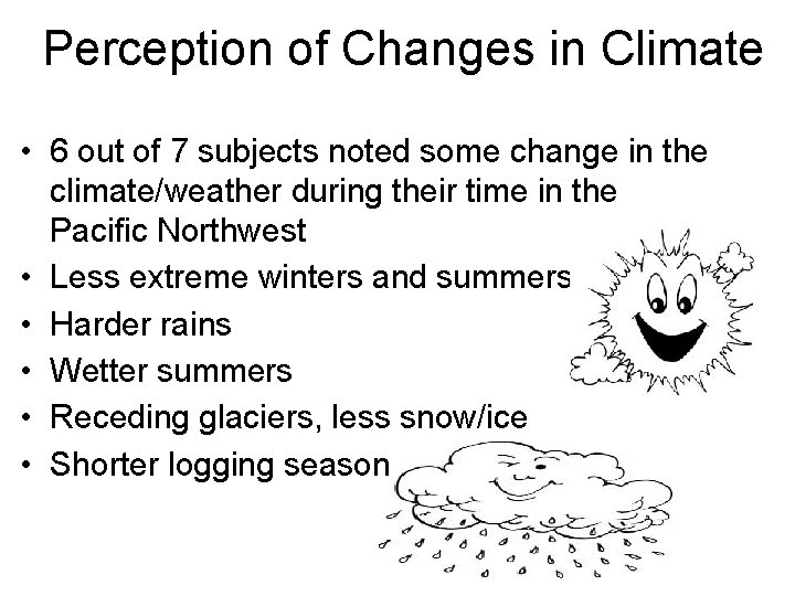 Perception of Changes in Climate • 6 out of 7 subjects noted some change