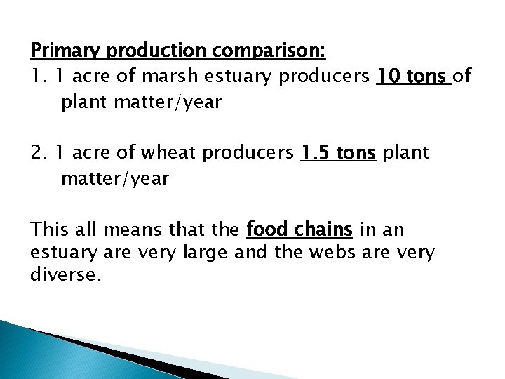 Primary production comparison: 1. 1 acre of marsh estuary producers 10 tons of plant
