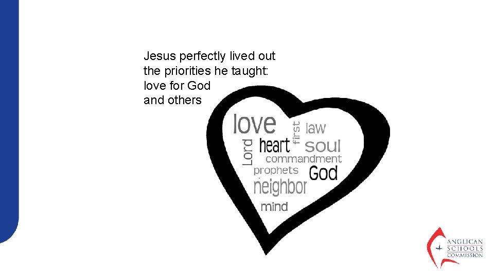 Jesus perfectly lived out the priorities he taught: love for God and others 