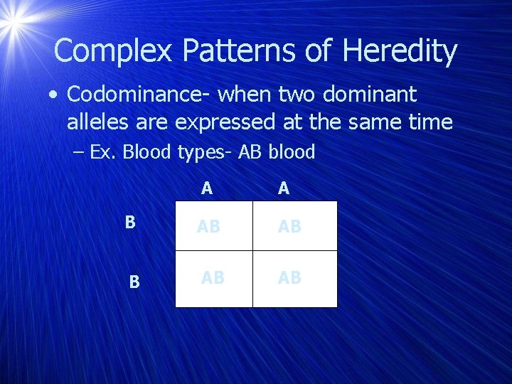 Complex Patterns of Heredity • Codominance- when two dominant alleles are expressed at the