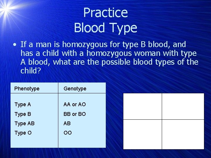 Practice Blood Type • If a man is homozygous for type B blood, and
