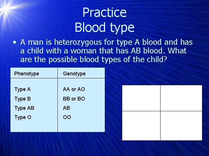 Practice Blood type • A man is heterozygous for type A blood and has