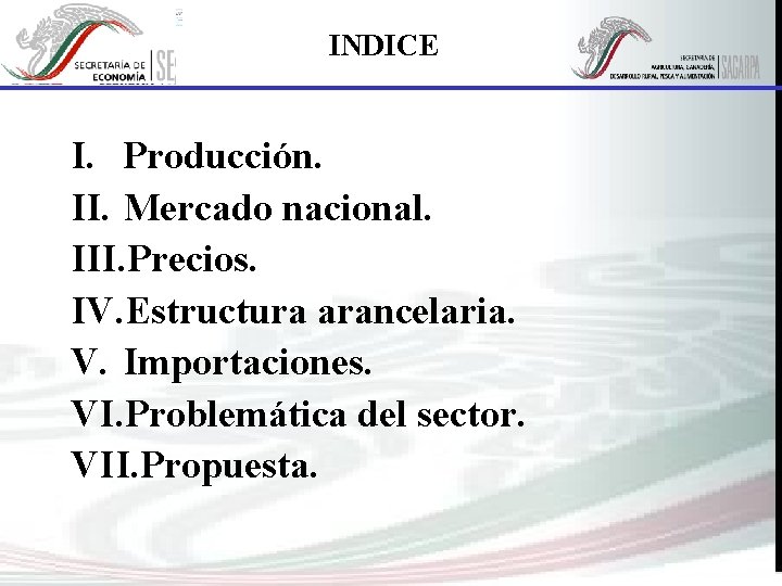 INDICE I. Producción. II. Mercado nacional. III. Precios. IV. Estructura arancelaria. V. Importaciones. VI.