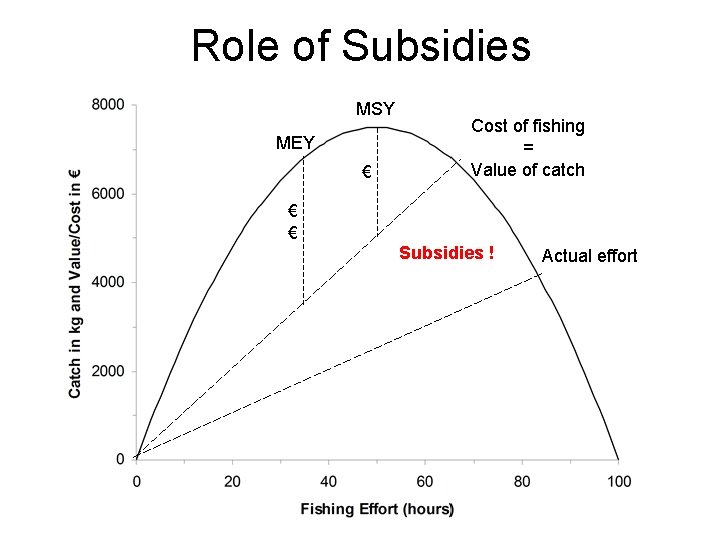 Role of Subsidies MSY MEY € Cost of fishing = Value of catch €