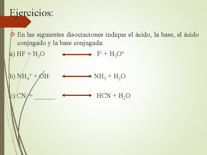 Ejercicios: En las siguientes disociaciones indique el ácido, la base, el ácido conjugado y