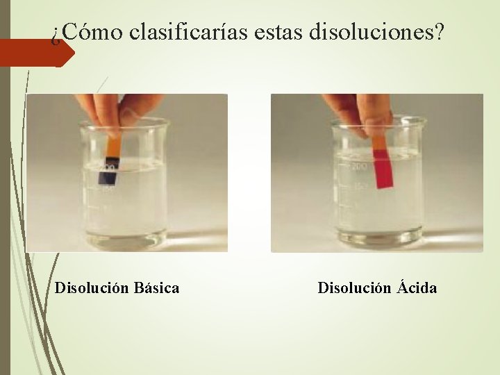 ¿Cómo clasificarías estas disoluciones? Disolución Básica Disolución Ácida 