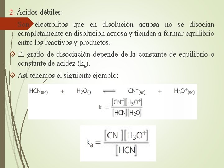 2. Ácidos débiles: Son electrolitos que en disolución acuosa no se disocian completamente en