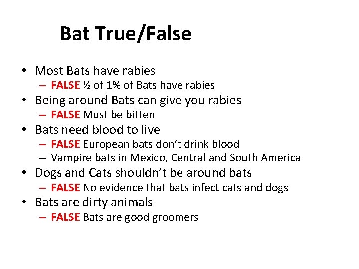 Bat True/False • Most Bats have rabies – FALSE ½ of 1% of Bats