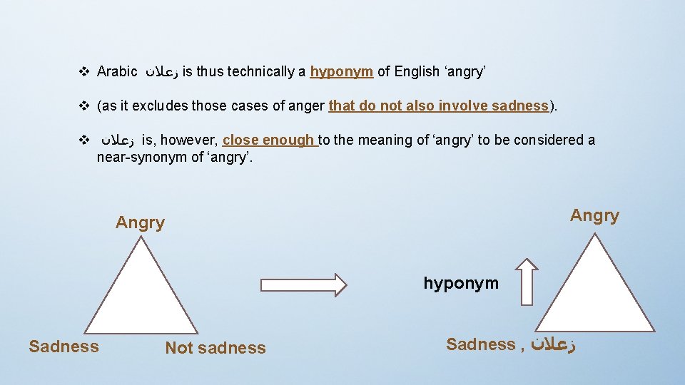 v Arabic ﺯﻋﻼﻥ is thus technically a hyponym of English ‘angry’ v (as it