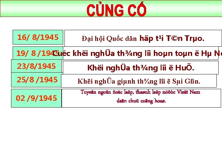 16/ 8/1945 Đại hội Quốc dân häp t¹i T©n Trµo. 19/ 8 /1945 Cuéc