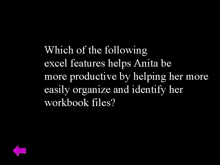 Which of the following excel features helps Anita be more productive by helping her