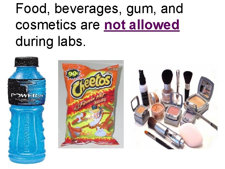 Food, beverages, gum, and cosmetics are not allowed during labs. 