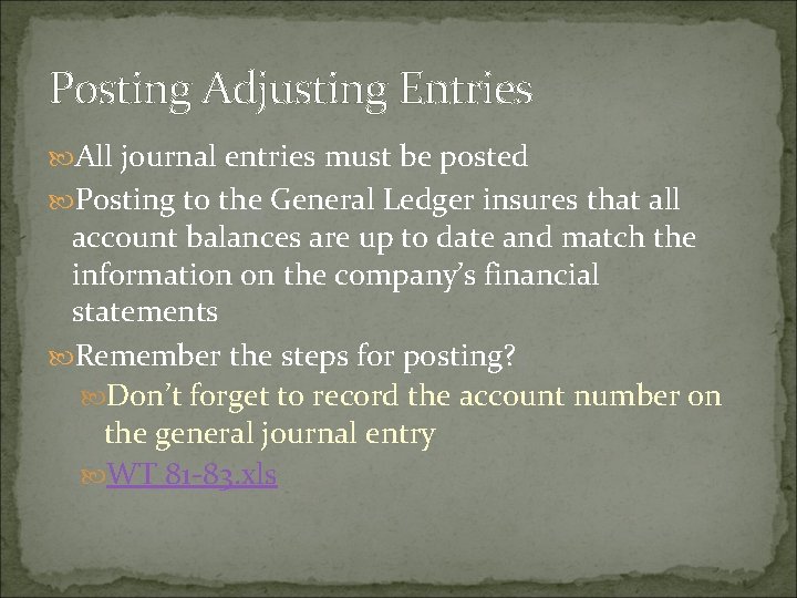 Posting Adjusting Entries All journal entries must be posted Posting to the General Ledger