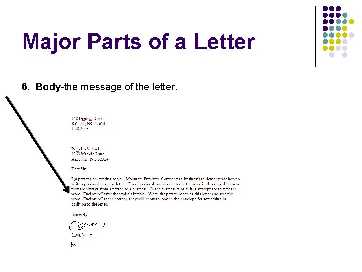 Major Parts of a Letter 6. Body-the message of the letter. 