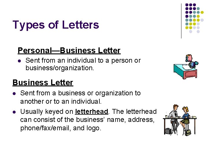Types of Letters Personal—Business Letter l Sent from an individual to a person or