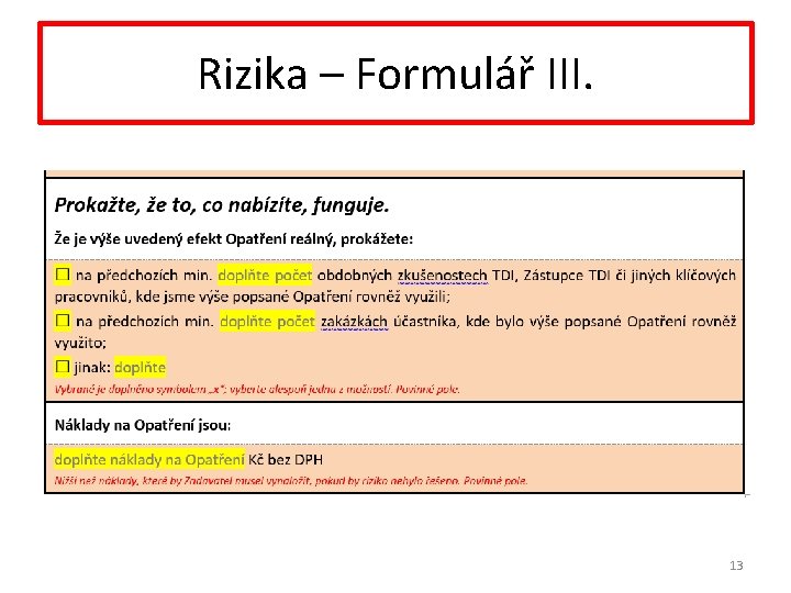 Rizika – Formulář III. 13 