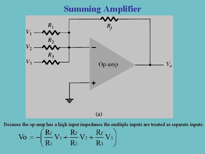 Summing Amplifier Because the op-amp has a high input impedance the multiple inputs are