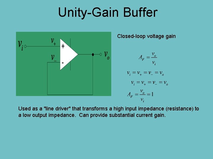 Unity-Gain Buffer Closed-loop voltage gain Used as a "line driver" that transforms a high