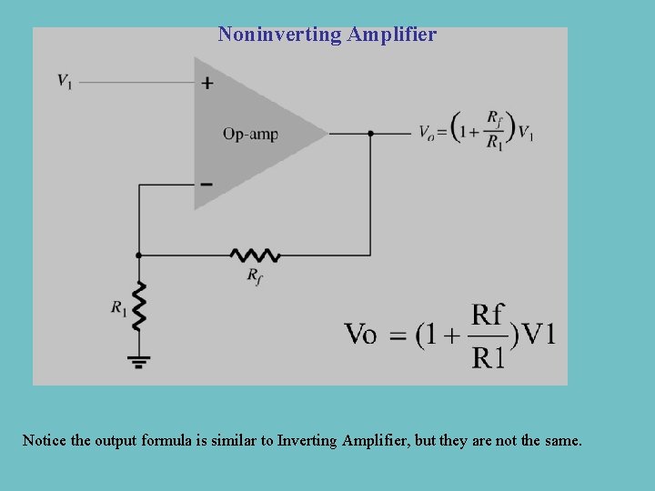 Noninverting Amplifier Notice the output formula is similar to Inverting Amplifier, but they are