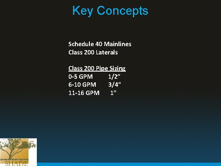 Key Concepts Schedule 40 Mainlines Class 200 Laterals Class 200 Pipe Sizing 0 -5