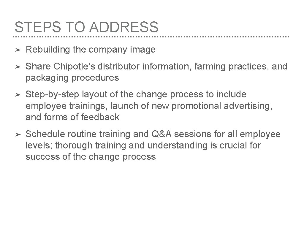 STEPS TO ADDRESS ➤ Rebuilding the company image ➤ Share Chipotle’s distributor information, farming