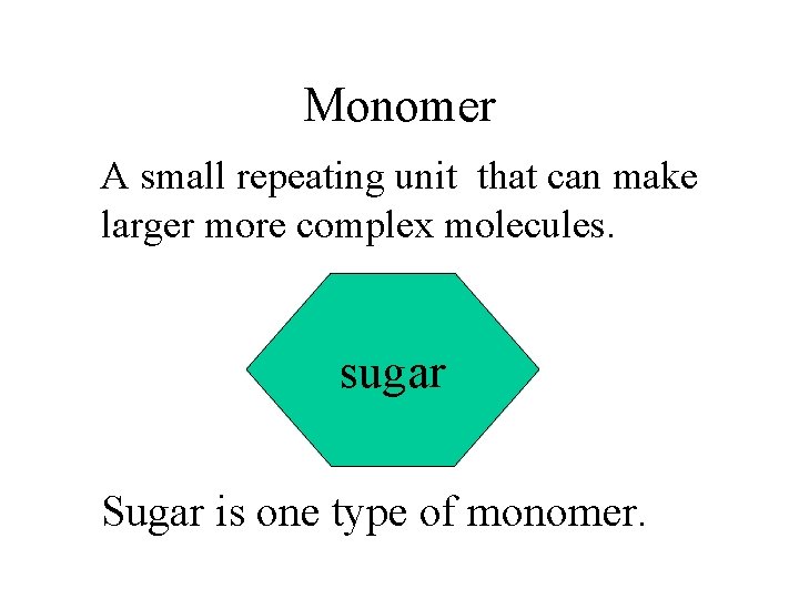Monomer A small repeating unit that can make larger more complex molecules. sugar Sugar
