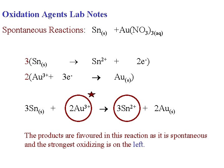 Oxidation Agents Lab Notes Spontaneous Reactions: Sn(s) +Au(NO 3)3(aq) 3(Sn(s) 2(Au 3++ 3 Sn(s)