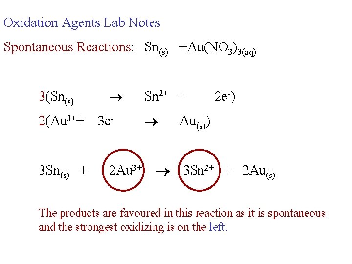 Oxidation Agents Lab Notes Spontaneous Reactions: Sn(s) +Au(NO 3)3(aq) 3(Sn(s) 2(Au 3++ 3 Sn(s)