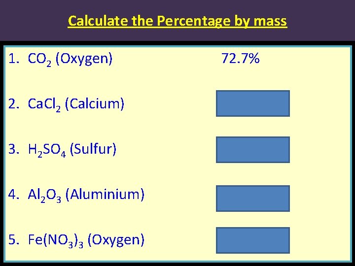 Calculate the Percentage by mass 1. CO 2 (Oxygen) 72. 7% 2. Ca. Cl