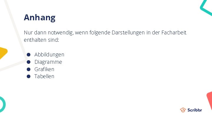 Anhang Nur dann notwendig, wenn folgende Darstellungen in der Facharbeit enthalten sind: ● ●