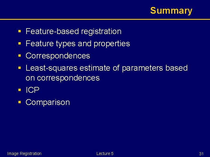 Summary § § Feature-based registration Feature types and properties Correspondences Least-squares estimate of parameters