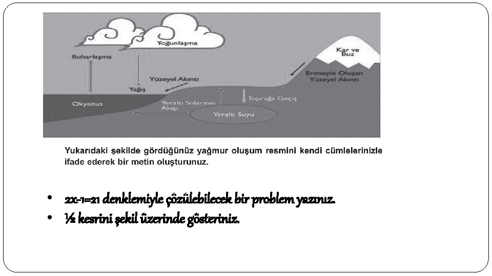  • 2 x-1=21 denklemiyle çözülebilecek bir problem yazınız. • ½ kesrini şekil üzerinde