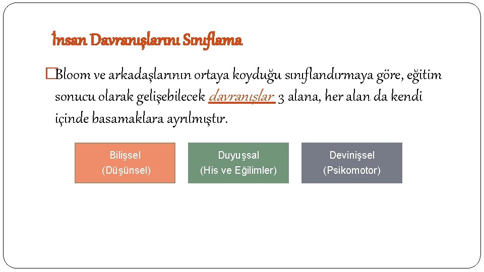 İnsan Davranışlarını Sınıflama �Bloom ve arkadaşlarının ortaya koyduğu sınıflandırmaya göre, eğitim sonucu olarak gelişebilecek